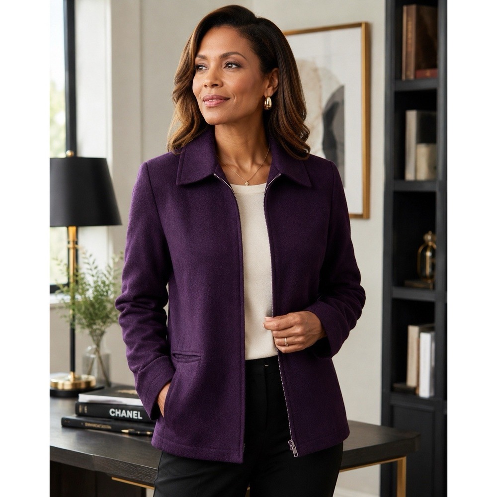 Requirements Petite Purple Wool Jacket Wm's 10P Zip Front Career Office Blazer